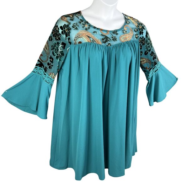 Umgee Womens L Boho Floral Velvet Burn Out Shift Dress Embroidered Bell Sleeve - Picture 9 of 16